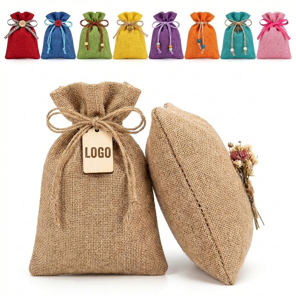 Decorative Burlap Drawstring Gift Bags with Floral Embellishments