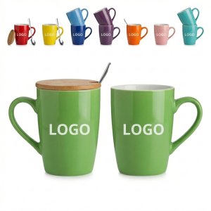 12 Oz Ceramic Coffee Mug with Wood Lid and Spoon, Dishwasher Safe