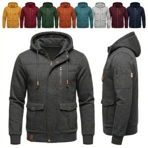 Men's Casual Zip-Up Hooded Sweatshirt with Double Pockets for Autumn and Winter